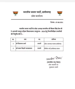 CG Breaking News : BJP ने की रायपुर दक्षिण उपचुनाव के लिए प्रभारियों की नियुक्ति 2 3931694 untitled 63 copy