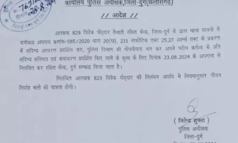 भिलाई: गोपनीयता भंग के आरोप में आरक्षक विवेक पोद्दार ,निलंबित