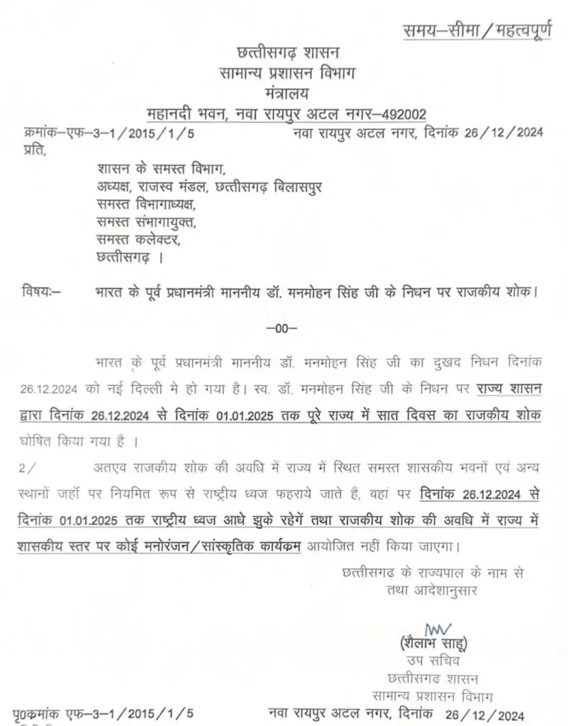 ब्रेकिंग: छत्तीसगढ़ में पूर्व प्रधानमंत्री डॉ. मनमोहन सिंह के निधन पर 7 दिन का राजकीय शोक घोषित