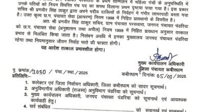 ग्राम पंचायत परसवारा सचिव प्रणवीर सिंह ठाकुर निलंबित, महिला पंचों के पतियों को शपथ दिलाने पर कार्रवाई 18 ग्राम पंचायत परसवारा सचिव प्रणवीर सिंह ठाकुर निलंबित, महिला पंचों के पतियों को शपथ दिलाने पर कार्रवाई