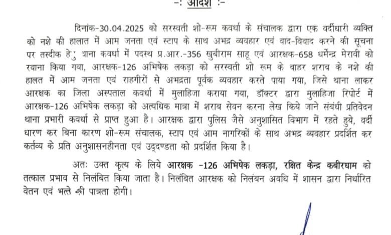 ड्यूटी के दौरान नशे में पाए गए आरक्षक को SP ने किया निलंबित