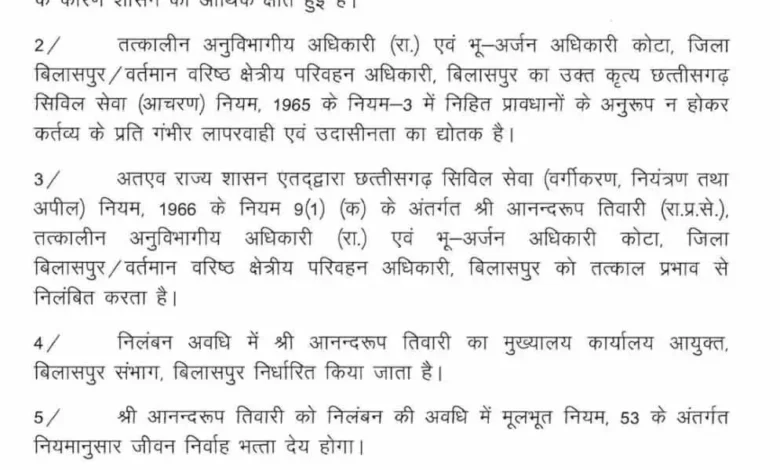 राजस्व अधिकारी आनंदरूप तिवारी निलंबित, भू-अर्जन में अनियमितता का आरोप 12 राजस्व अधिकारी आनंदरूप तिवारी निलंबित, भू-अर्जन में अनियमितता का आरोप