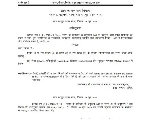 छत्तीसगढ़ सरकार का बड़ा फैसला: सरकारी कर्मचारियों और अधिकारियों के शेयर बाजार में निवेश पर रोक 10 छत्तीसगढ़ सरकार का बड़ा फैसला: सरकारी कर्मचारियों और अधिकारियों के शेयर बाजार में निवेश पर रोक