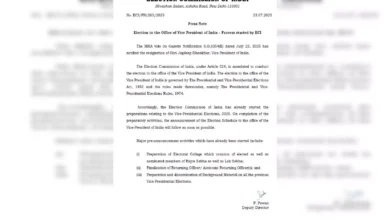चुनाव आयोग ने उपराष्ट्रपति पद के चुनाव की प्रक्रिया शुरू की, जल्द होगी तिथि की घोषणा 1 चुनाव आयोग ने उपराष्ट्रपति पद के चुनाव की प्रक्रिया शुरू की, जल्द होगी तिथि की घोषणा