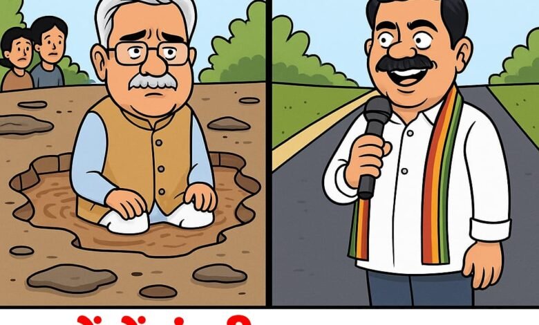 गड्ढों में फंसी सड़क, सियासत में उबाल: विजय शर्मा vs भूपेश बघेल की गड्ढा पॉलिटिक्स सोशल मीडिया पर वायरल!