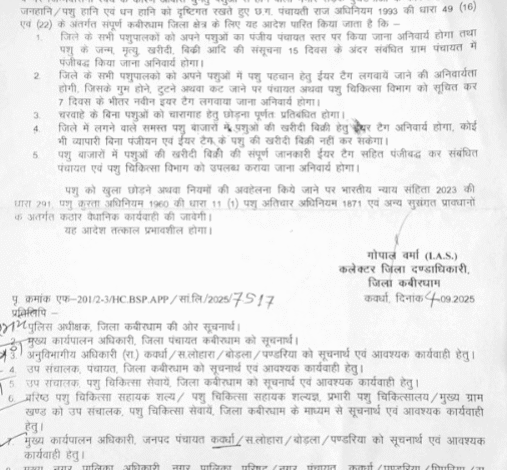 मवेशी खुले में छोड़े तो नहीं बख्शे जाएंगे पशुपालक – कवर्धा कलेक्टर का सख्त आदेश, तुरंत जानें क्या होगी कार्रवाई 10 मवेशी खुले में छोड़े तो नहीं बख्शे जाएंगे पशुपालक – कवर्धा कलेक्टर का सख्त आदेश, तुरंत जानें क्या होगी कार्रवाई